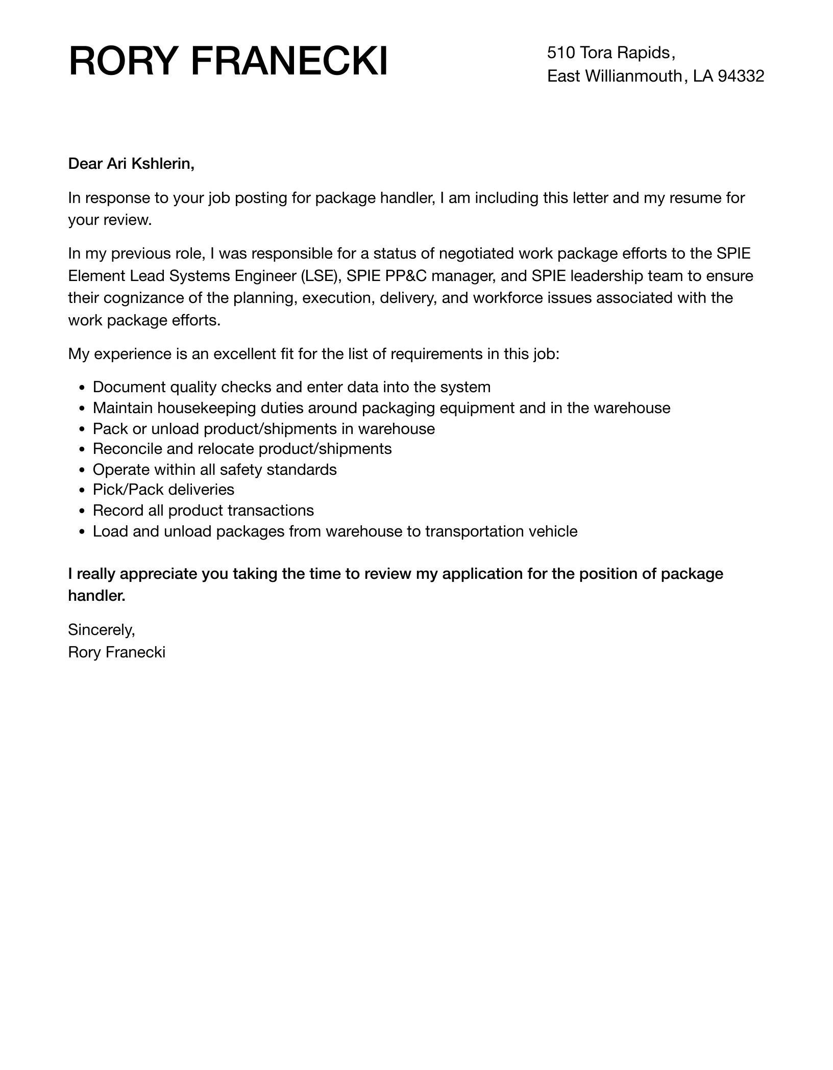 40608 package handler physical abilities