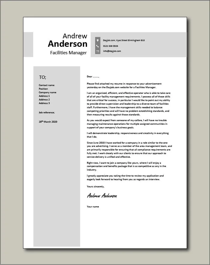 40616 cover letter management project