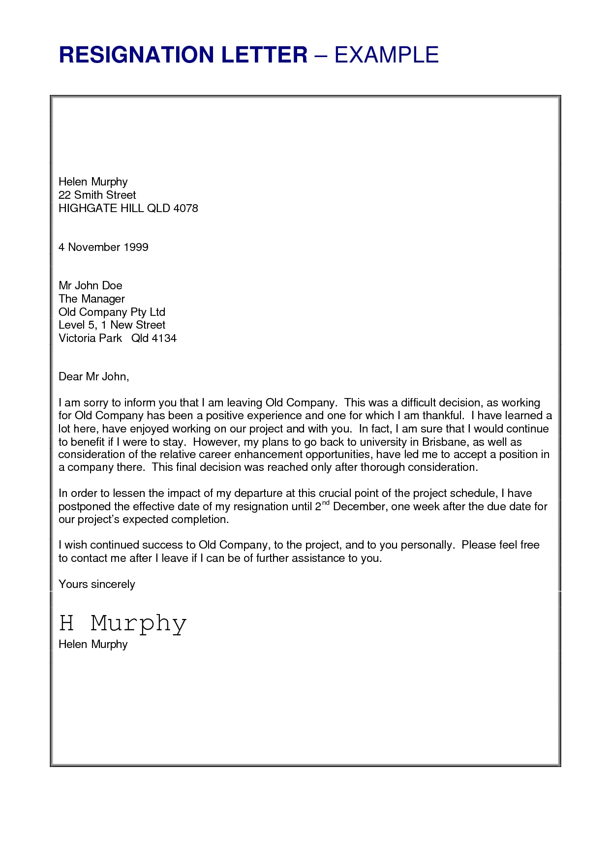 40626 resignation cover letter example