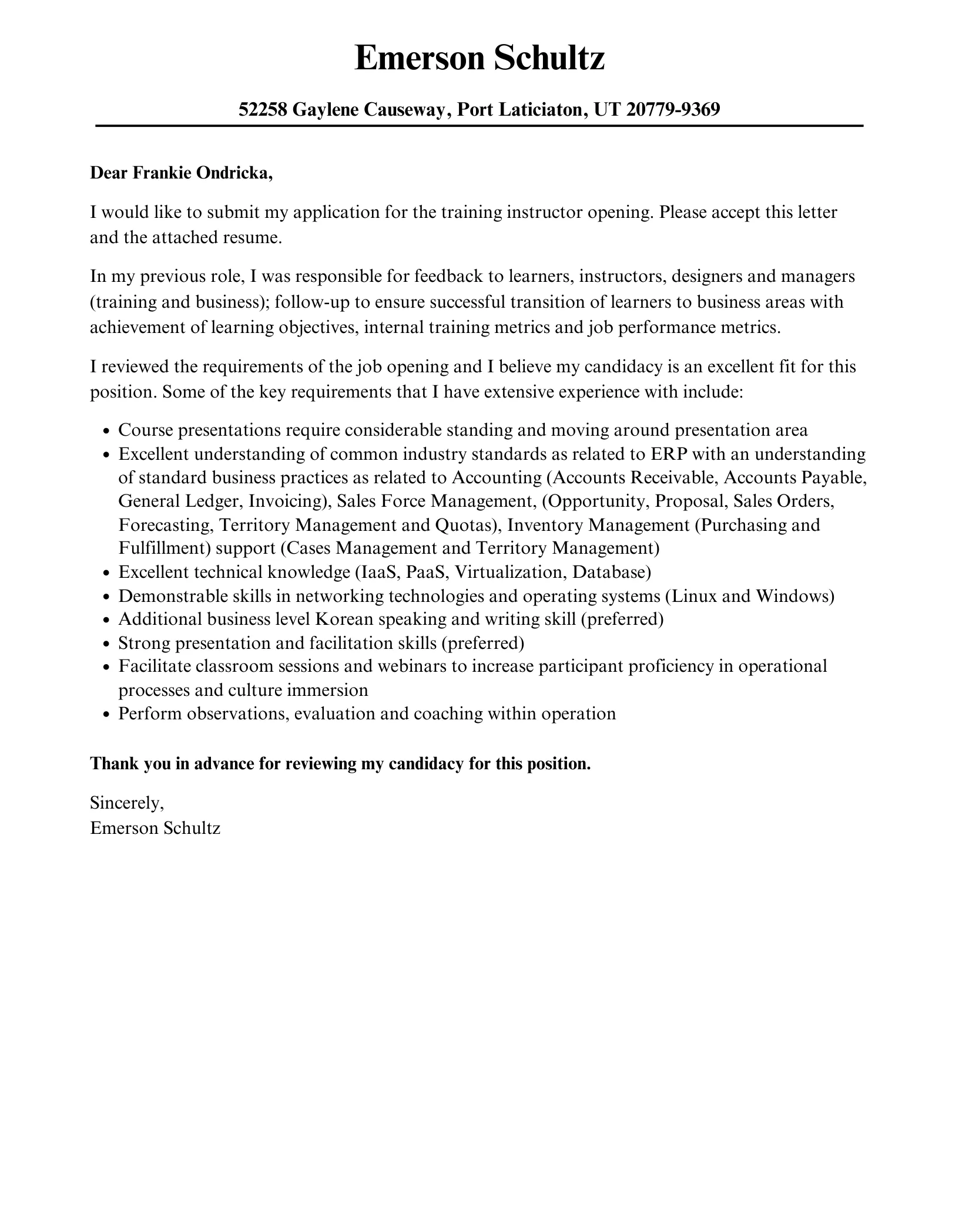40698 instructor certification example