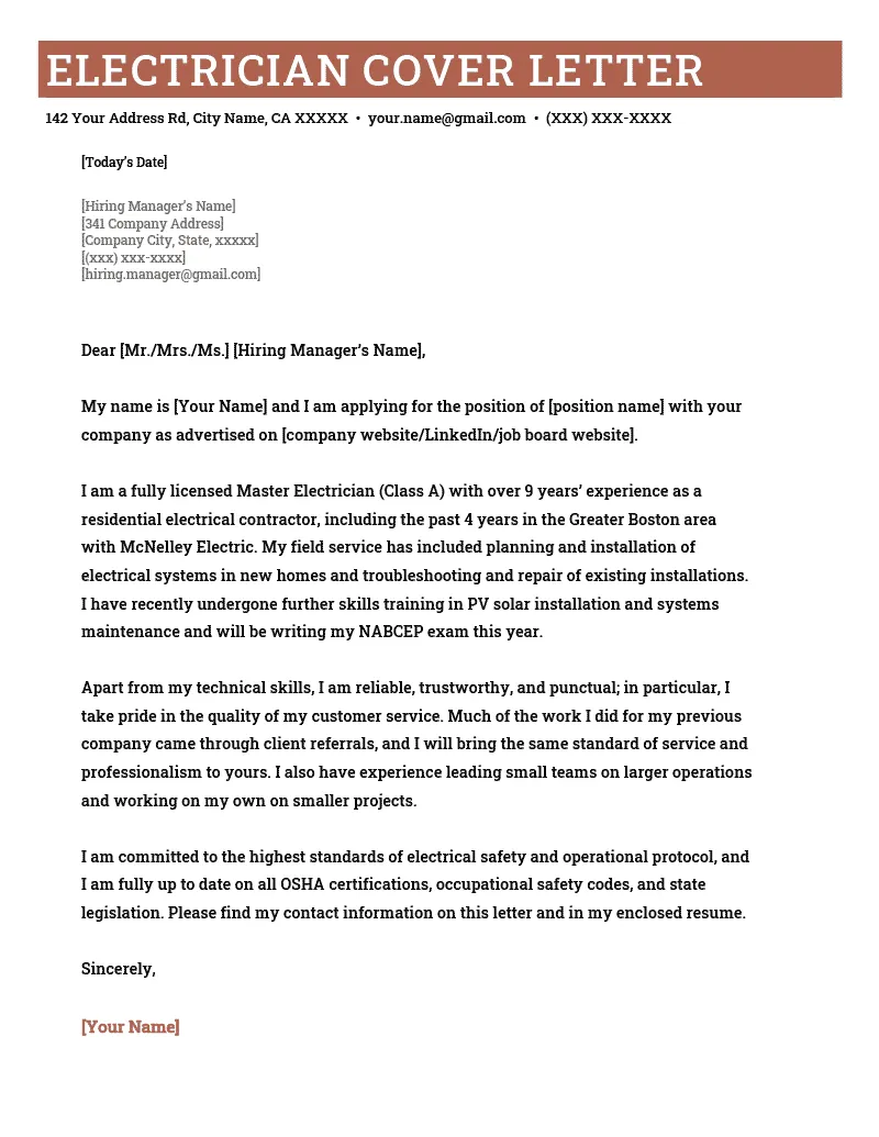 40703 electrical cover letter