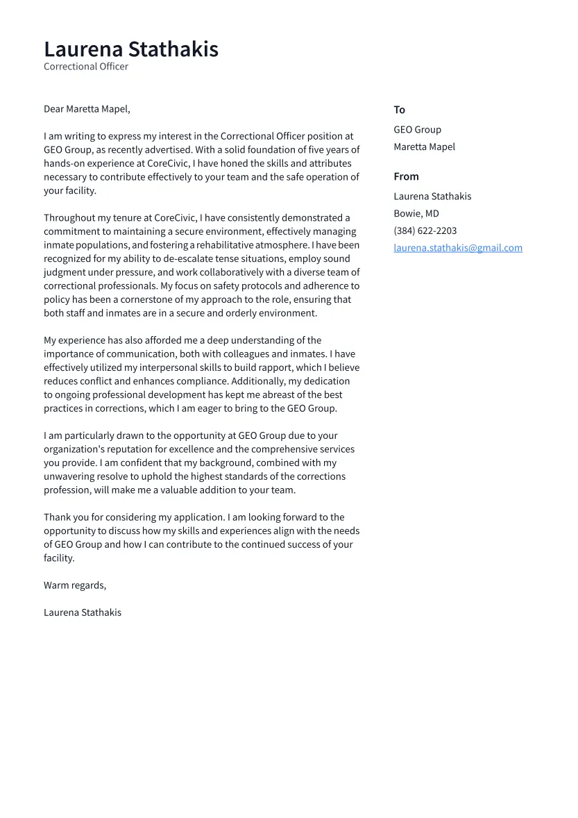 40728 corrections officer cover letter experience
