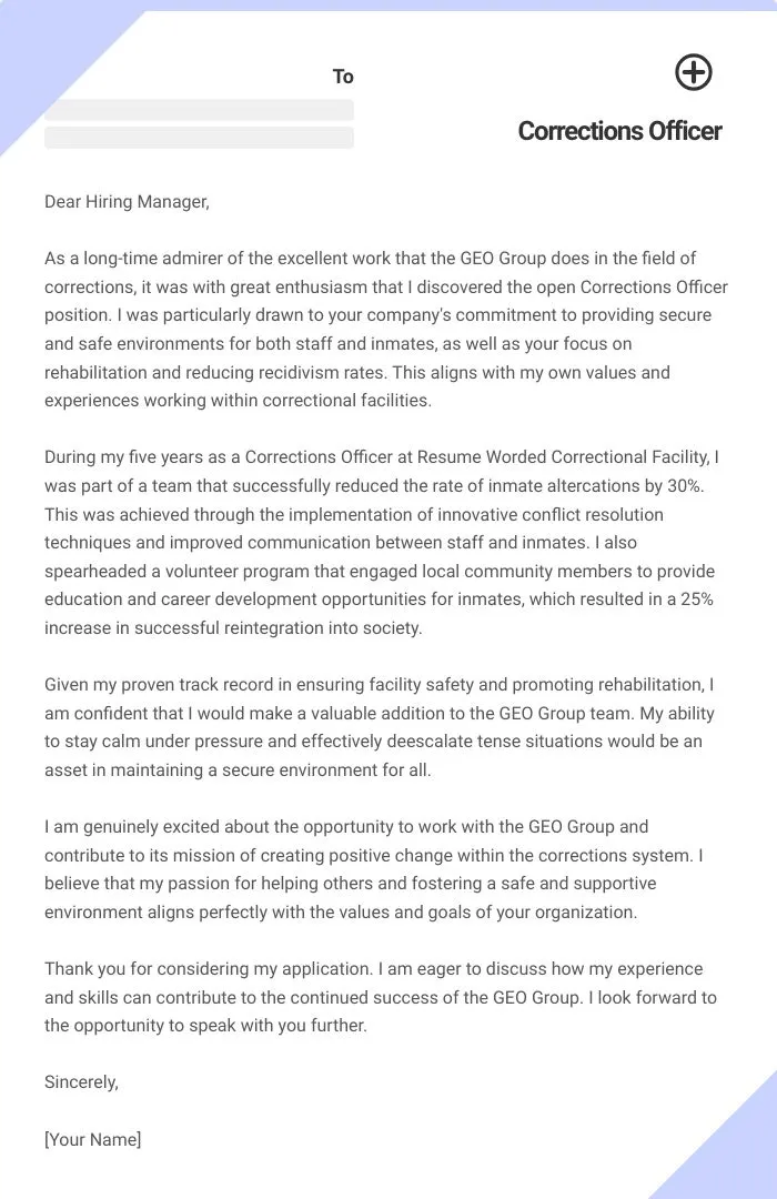 40728 corrections officer cover letter skills