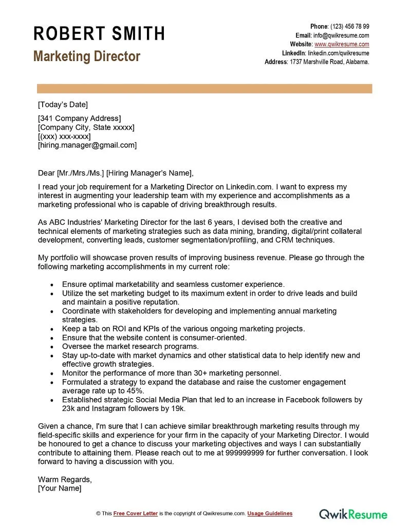 40729 cover letter director marketing structure