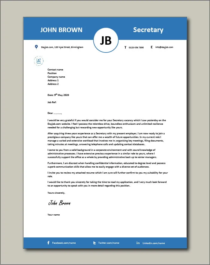 40738 secretary cover letter entry level