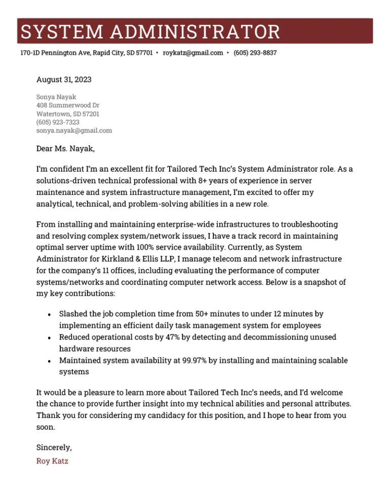 40742 system administrator cover letter header