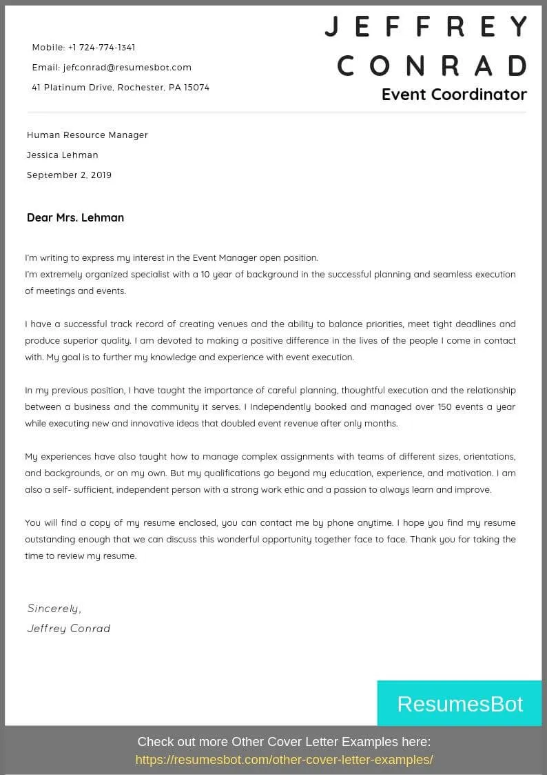 40790 event coordinator cover letter writing