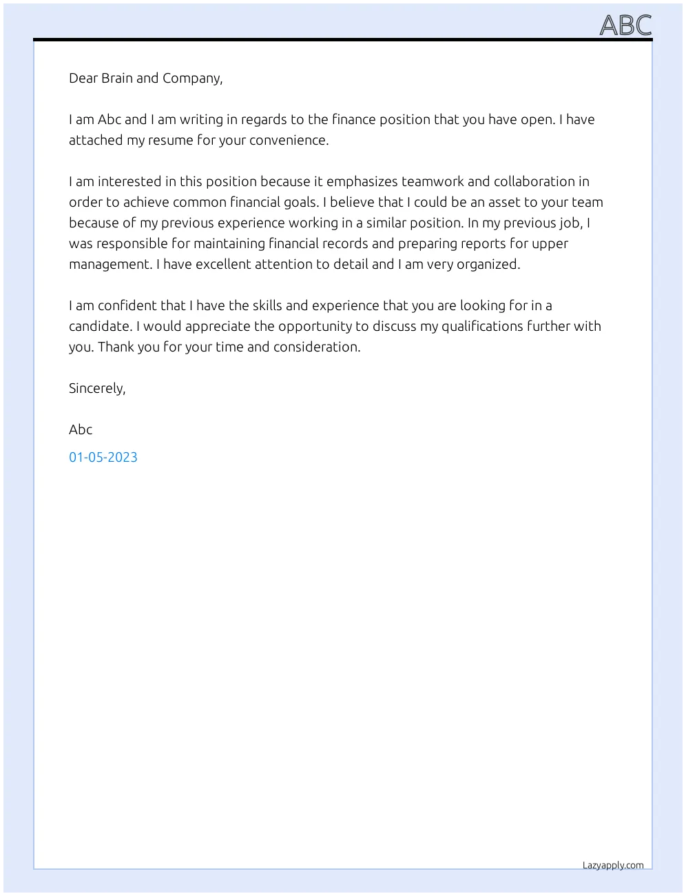 40805 finance cover letter achievements