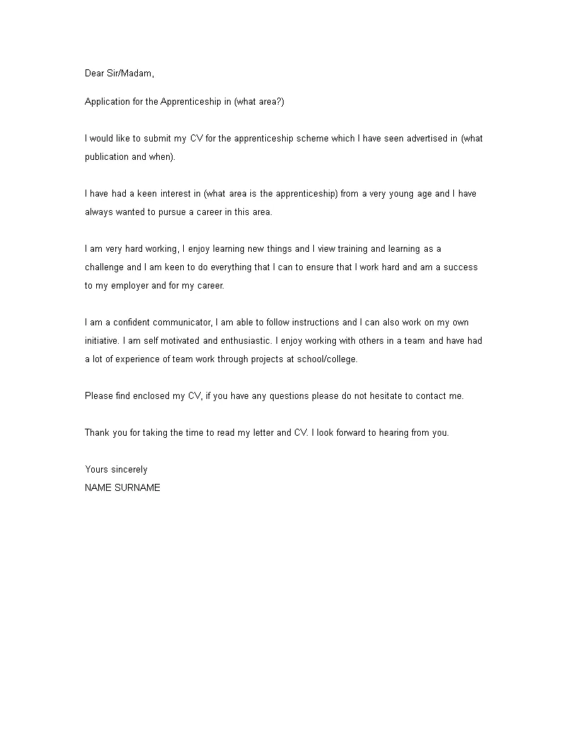 40818 apprenticeship cover letter