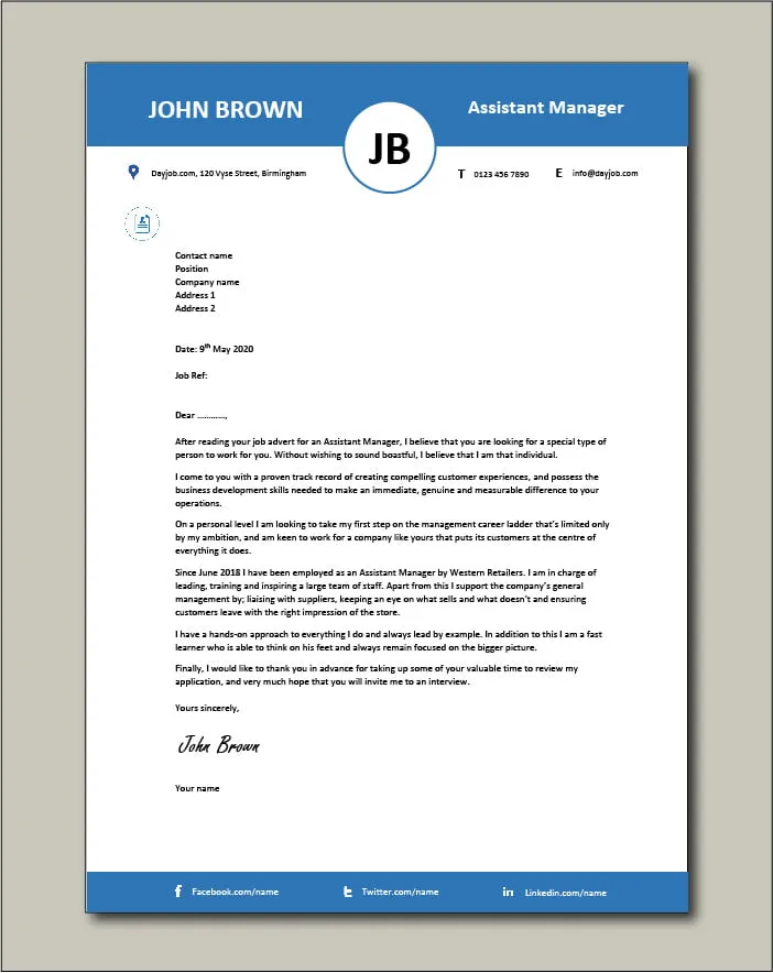 40850 cover letter assistant manager