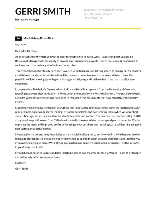 40851 restaurant cover letter skills