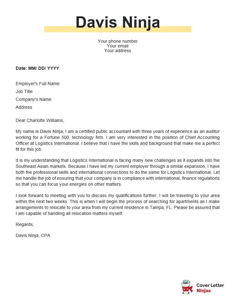 40868 relocation cover letter purpose