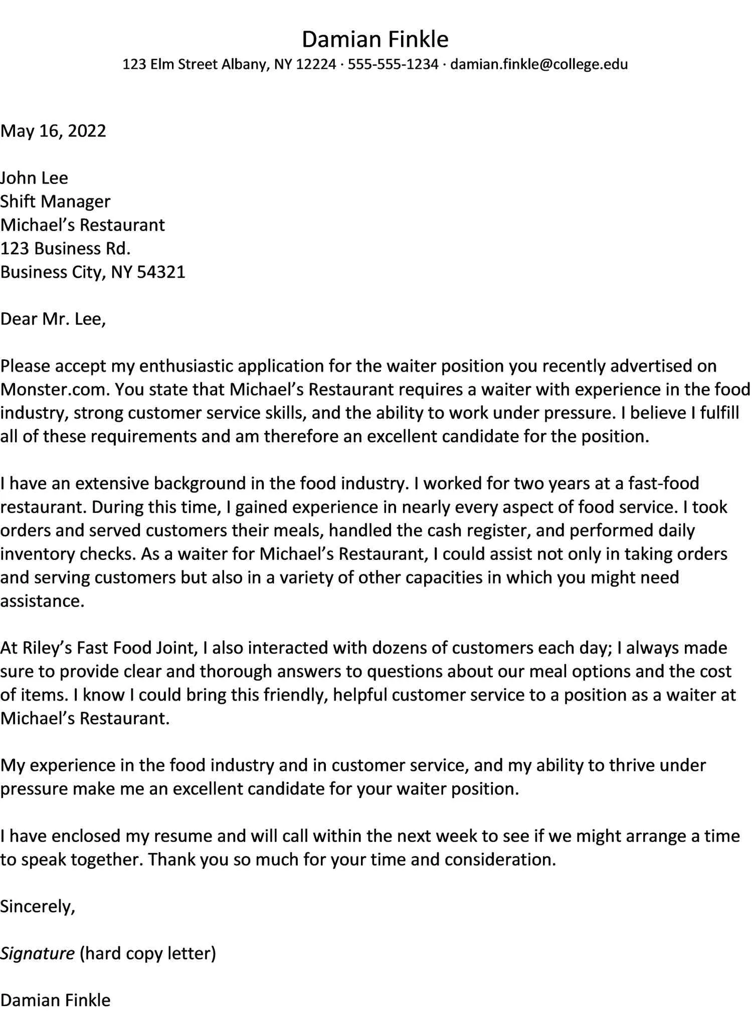 40910 waiter cover letter tips