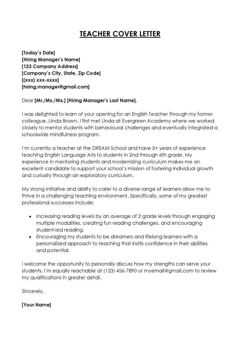 40911 body section cover letter
