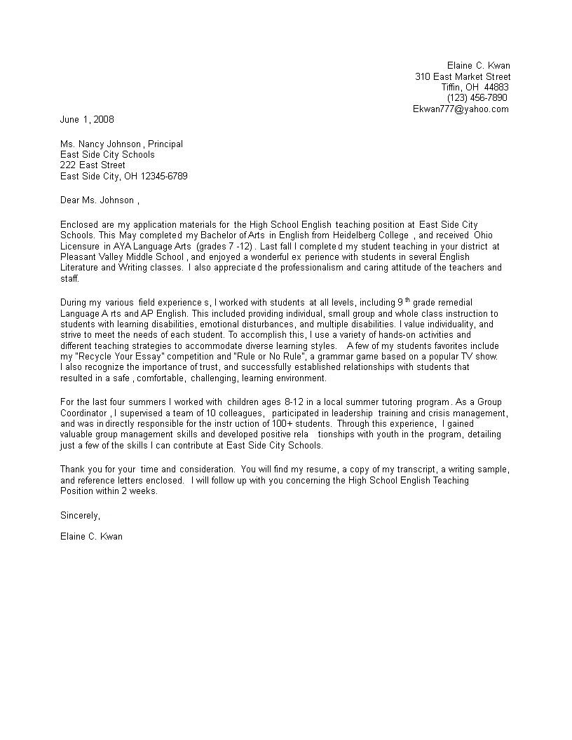 40911 teaching cover letter header