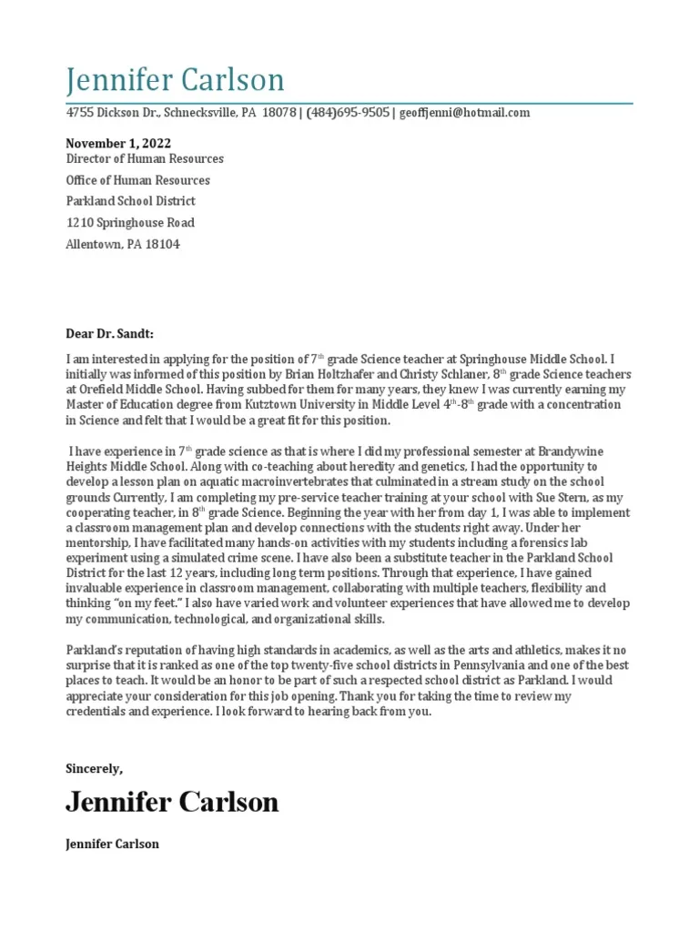 40911 teaching cover letter overview
