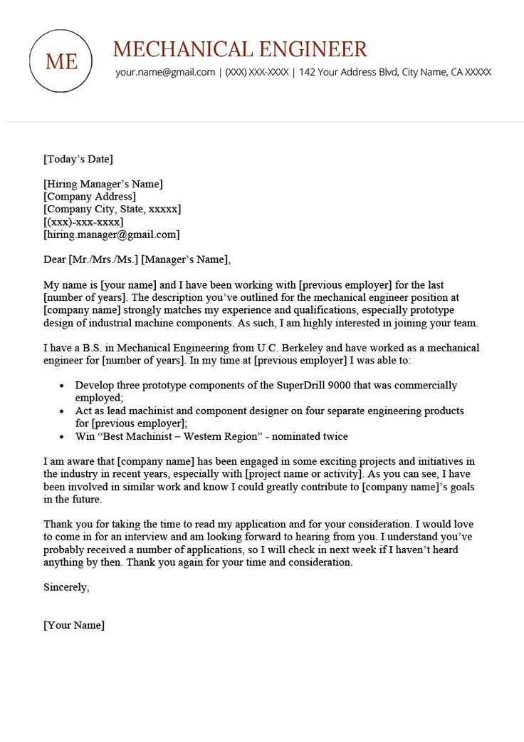 40936 mechanical engineer cover letter overview