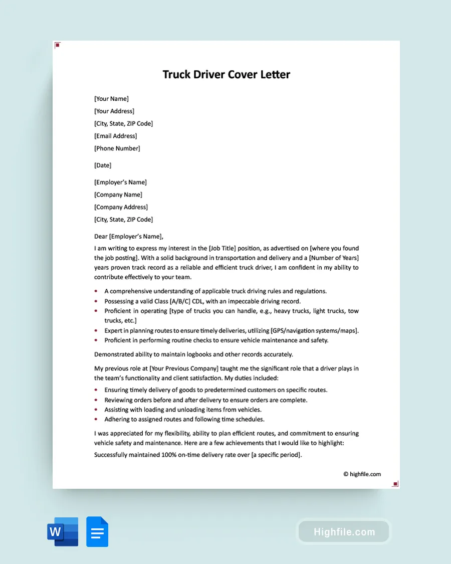 40939 truck driver cover letter