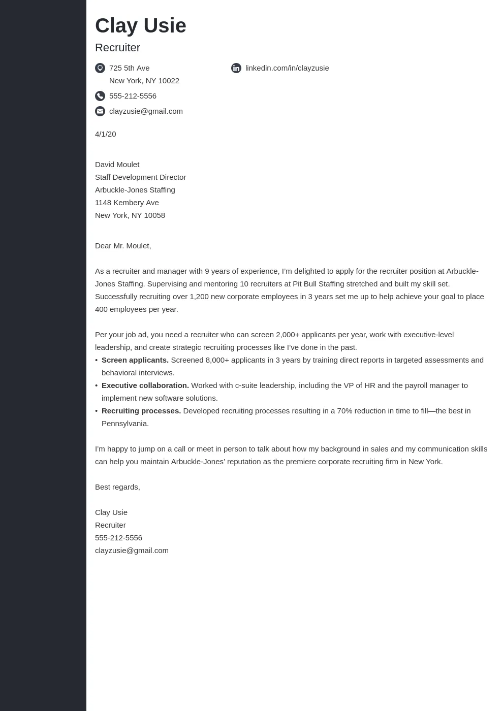 40940 recruiter skills cover letter