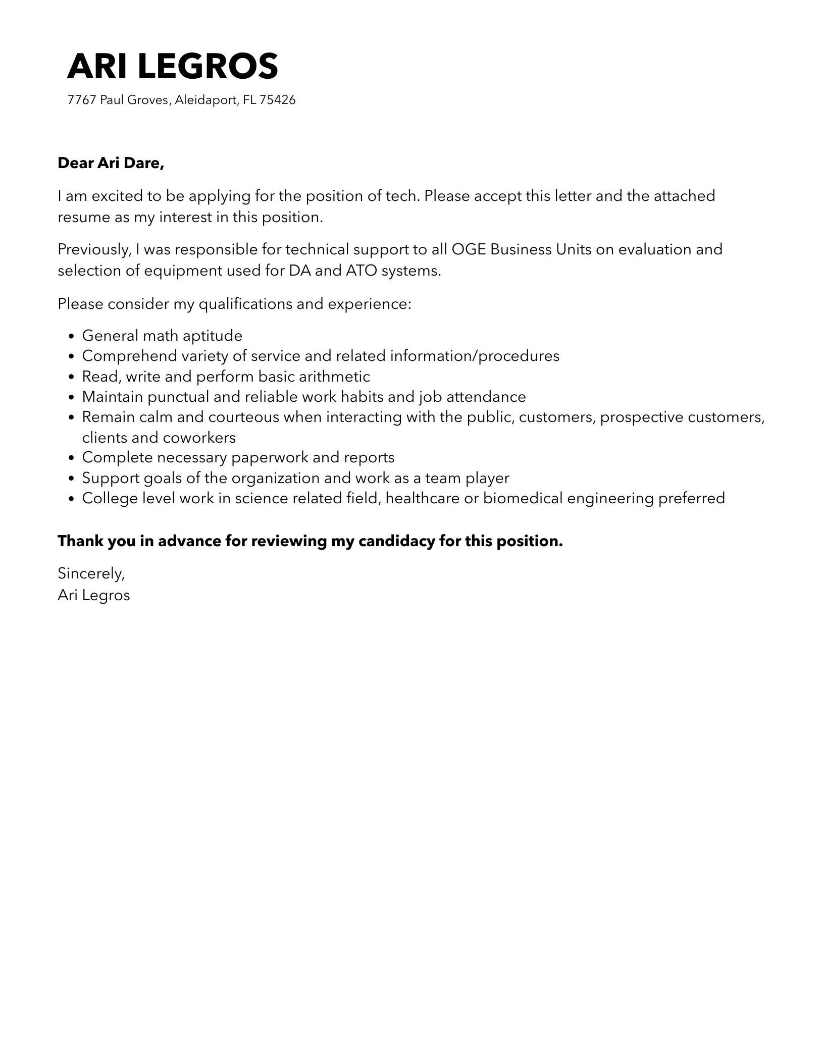 40945 technical skills cover letter