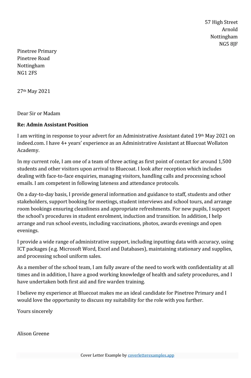 40953 admin job cover letter writing