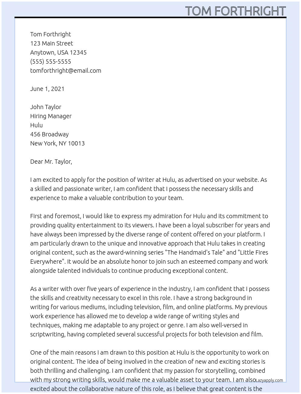 40955 hulu cover letter writing