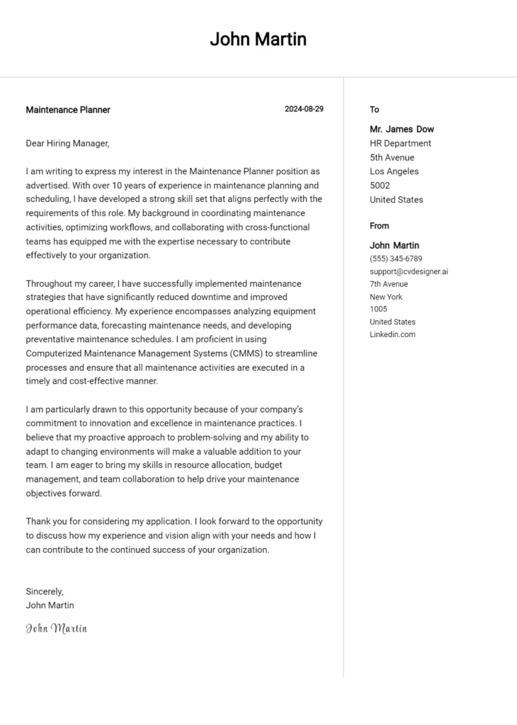 40977 maintenance cover letter tone