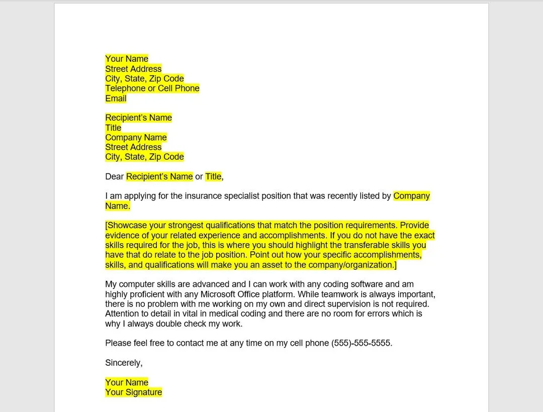 41005 health insurance cover letter formatting